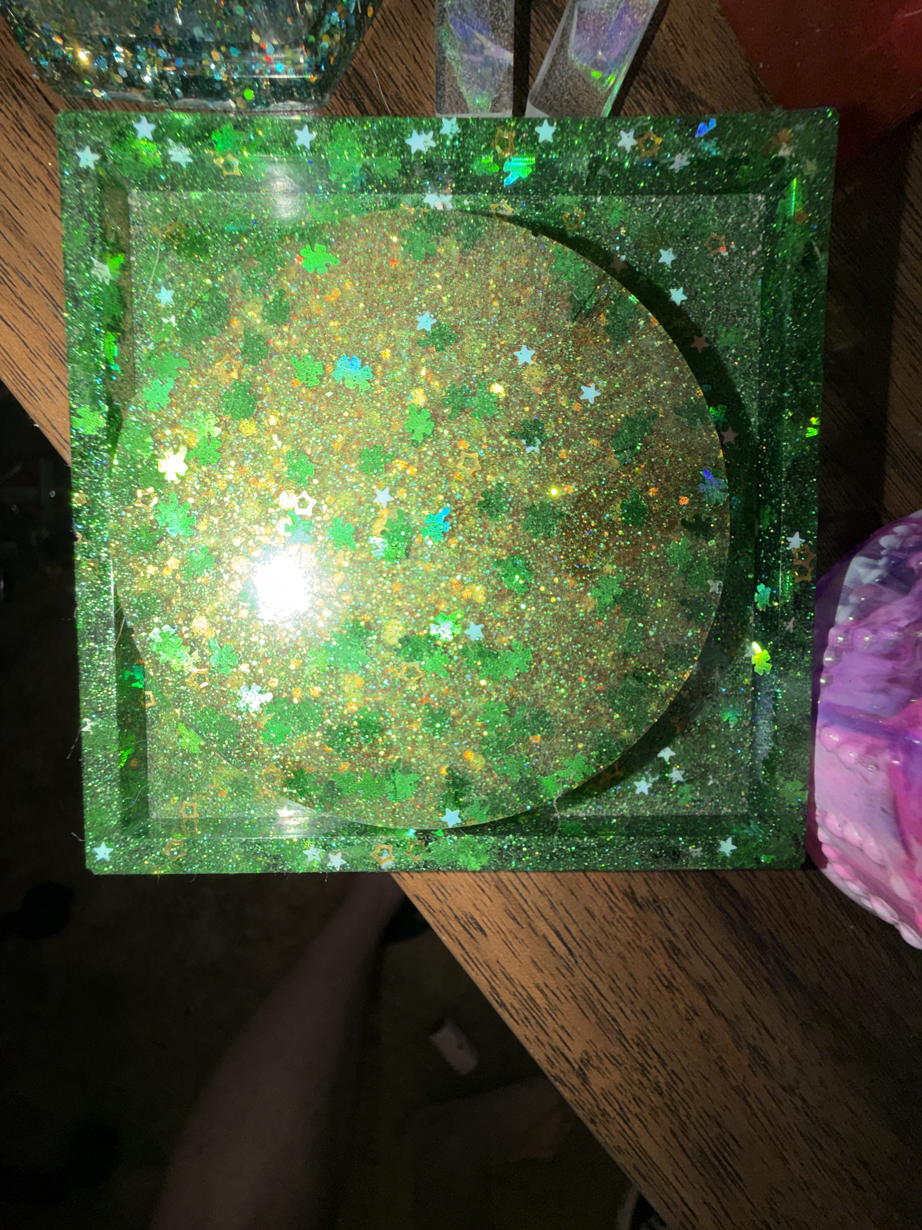 Large Square Tray — emerald green resin with star confetti